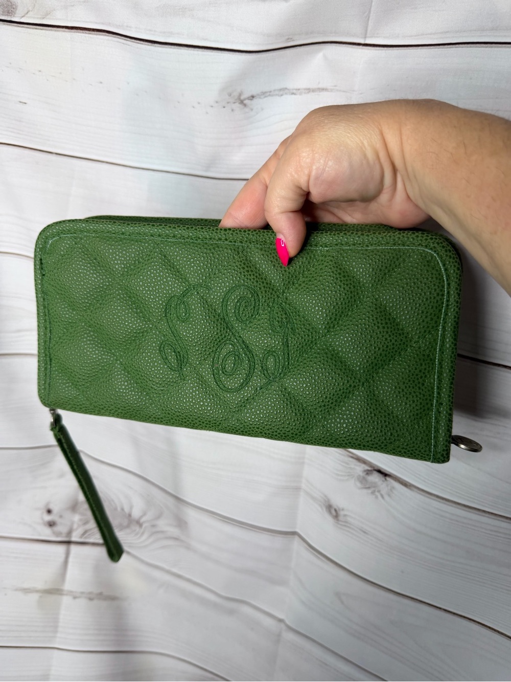 Initials Inc. Quilted Green Zip-Around wristlet wallet large